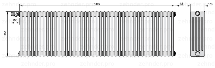 Схема (чертеж) Радиатор Zehnder Charleston 5110/41 №V012 Белый глянцевый RAL 9016